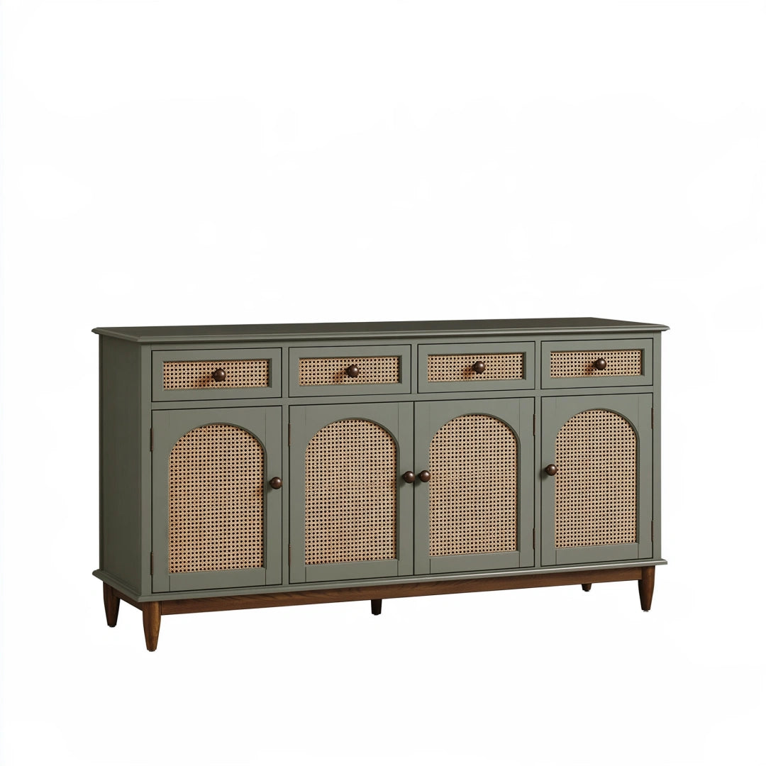 Credenza 160x40x85 cm in legno verde con rattan - contenitore stile retrò