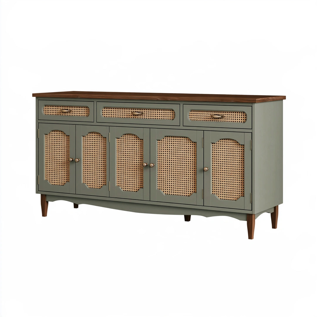 Credenza 180 x 45 x 90 cm in legno verde salvia e rattan - stile vintage con 3 cassetti e 6 ante