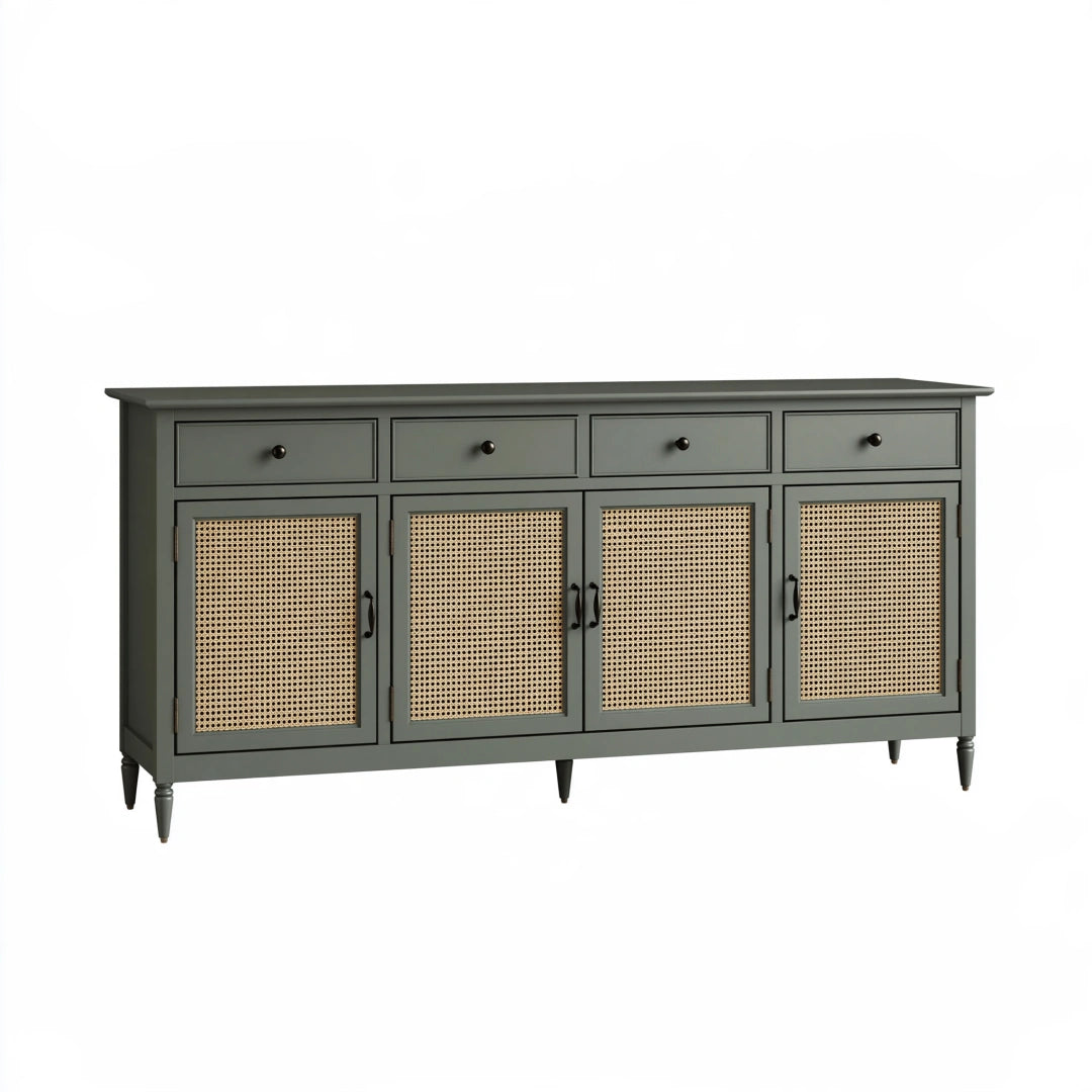 Credenza 180 x 45 x 90 cm in legno verde scuro con rattan - contenitore stile vintage