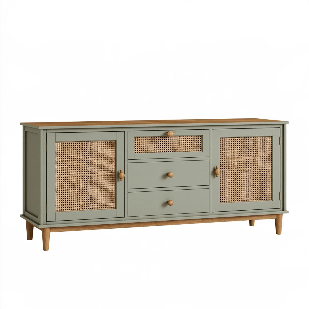 Credenza 160 x 40 x 80 cm in legno verde salvia e rattan naturale - mobile contenitore in stile retrò
