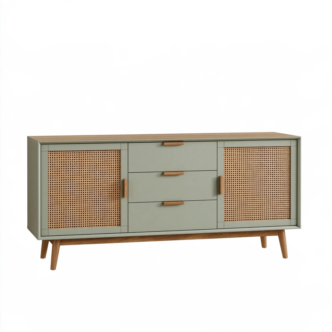 Credenza 160 x 40 x 80 cm verde salvia in legno e rattan con 3 cassetti stile retrò
