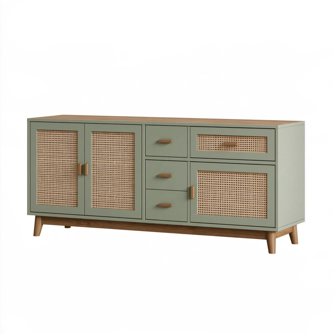 Credenza 160 x 40 x 75 cm in legno verde salvia con rattan - contenitore stile retrò