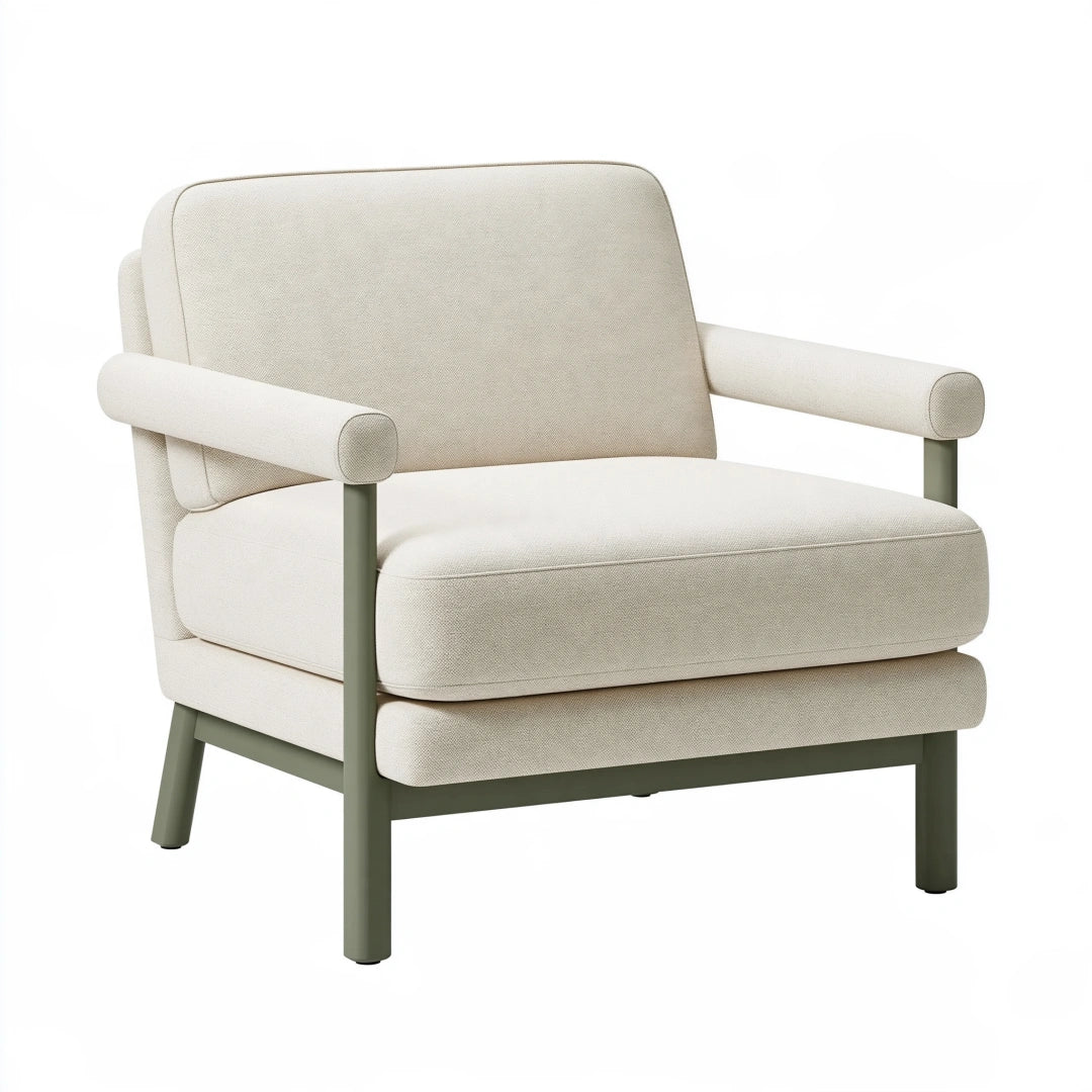 Poltrona 82 x 78 x 80 cm in tessuto beige con struttura in metallo verde oliva - stile moderno