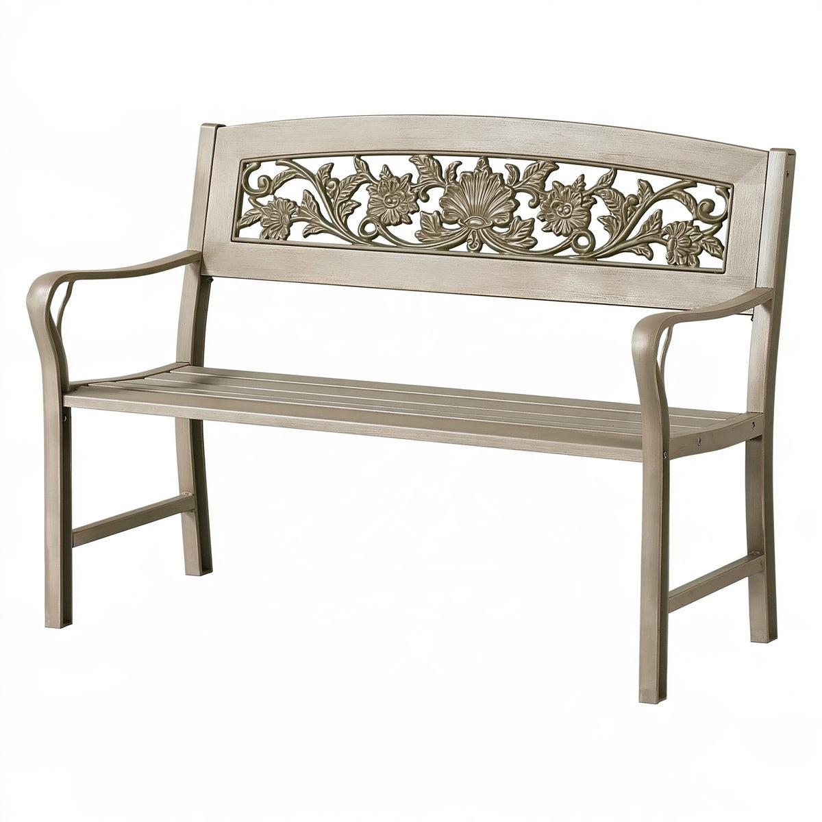 Panca da giardino 122 x 60 x 90 cm in metallo grigio con schienale floreale classico