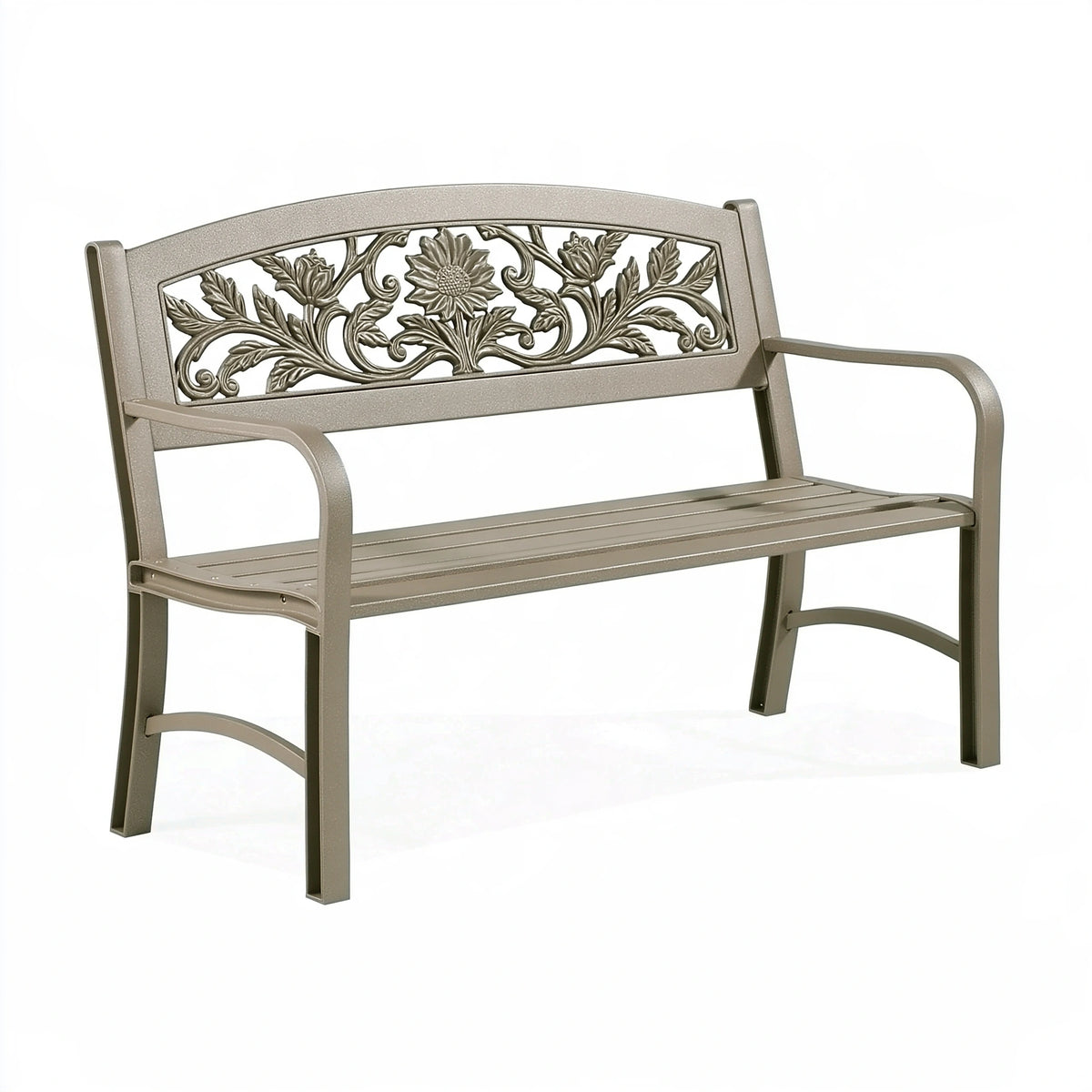 Panchina da giardino 122 x 63 x 88 cm in metallo grigio tortora stile floreale per esterni