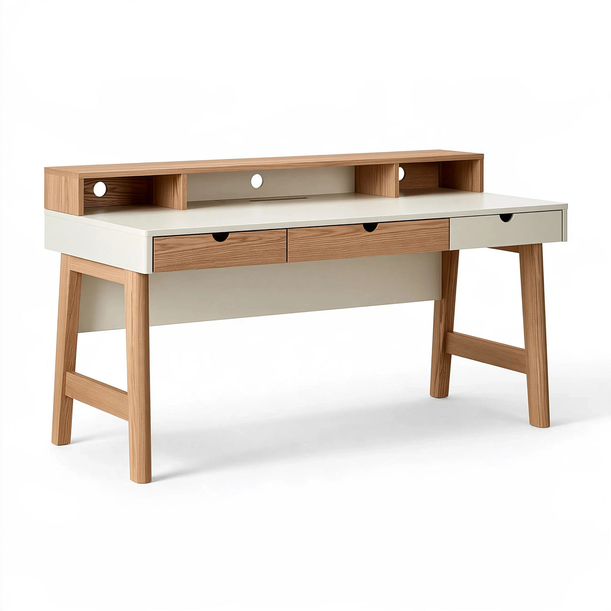 Scrivania 120 x 60 x 100 cm in legno bianco e naturale con 3 cassetti e rialzo portacavi