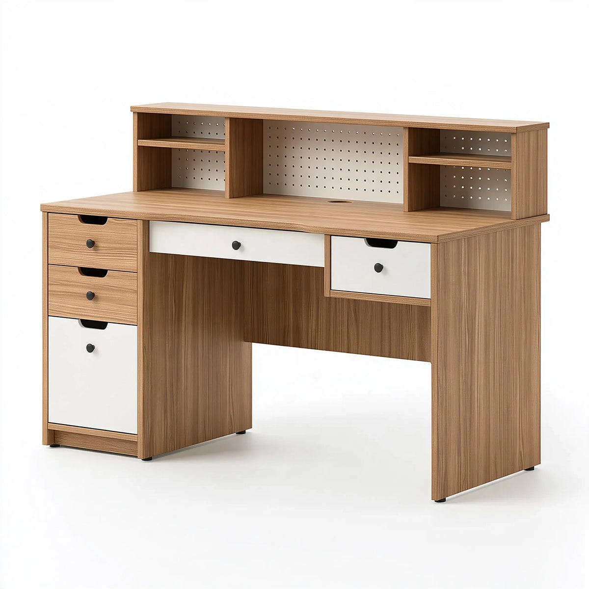 Scrivania con mensola 120 x 60 x 140 cm in legno ingegnerizzato marrone/bianco - con cassetti e vano studio